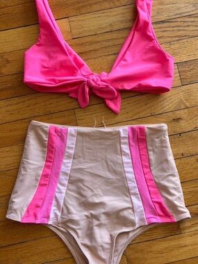 Lolli Hot Pink Tie-Front Bikini Top with Cream High-Waist Bottoms